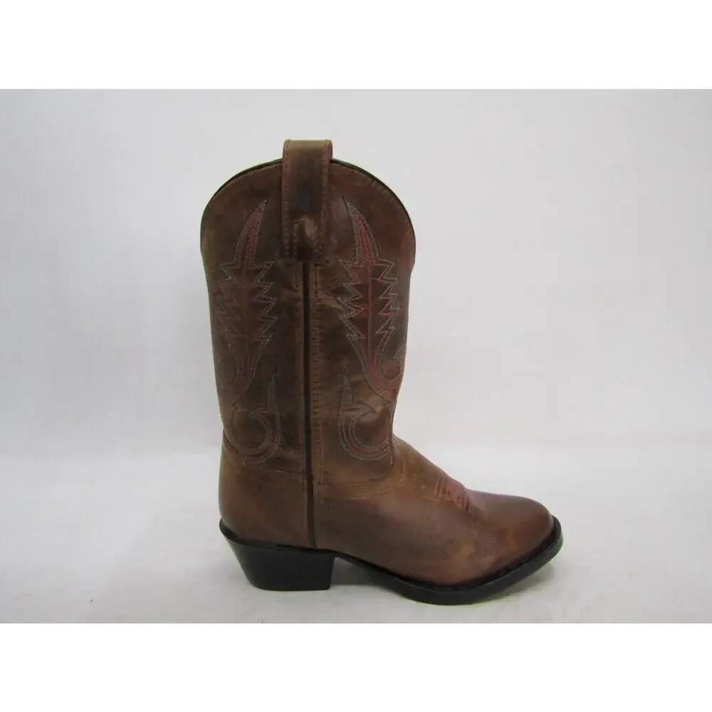 Smoky Mountain Youth Sz 2 R Brown Leather Pink Blue Stitching Cowboy Boots